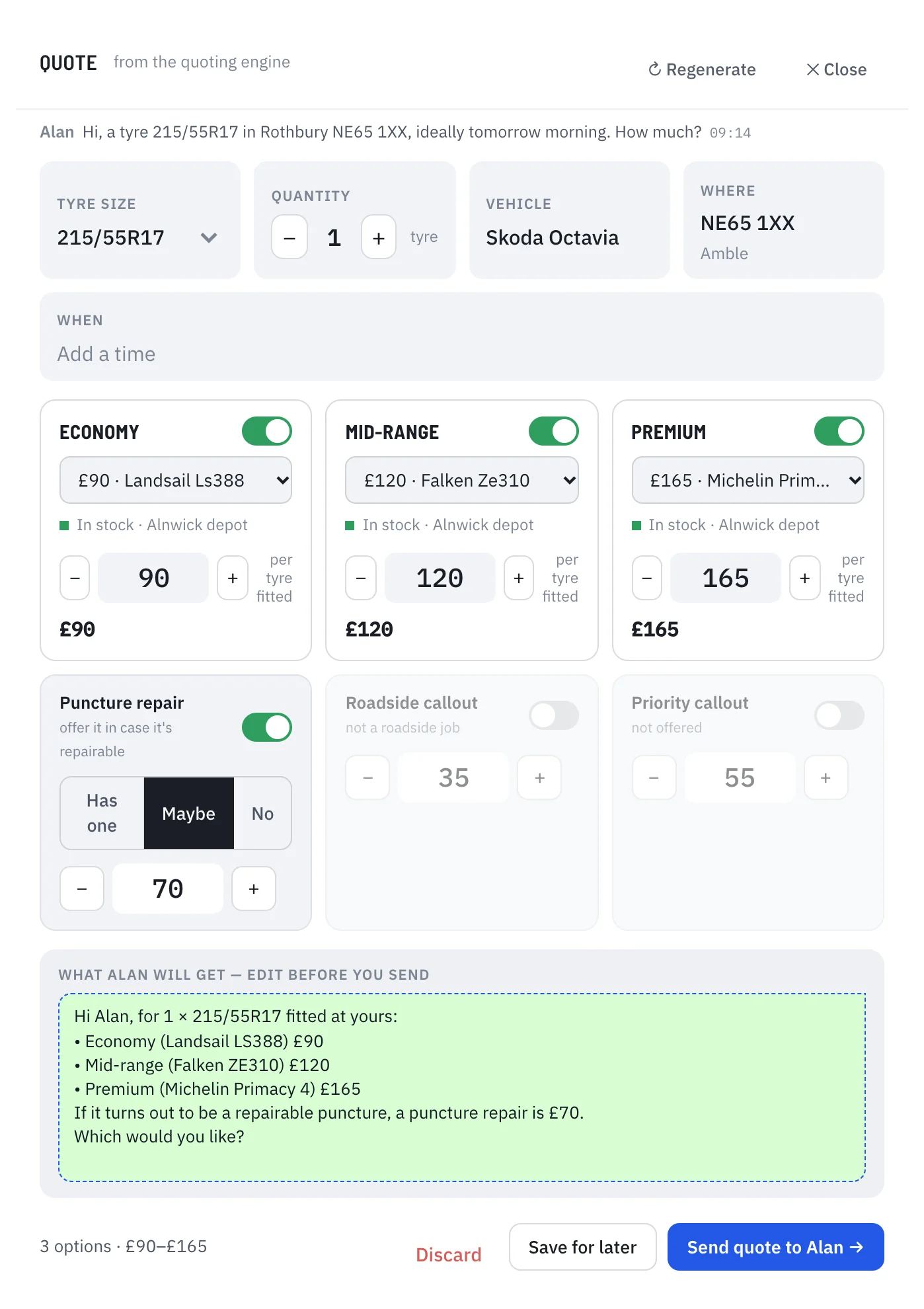 The quote builder: Economy £90, Mid-range £120 and Premium £165 fitted, with the message the customer will receive underneath.